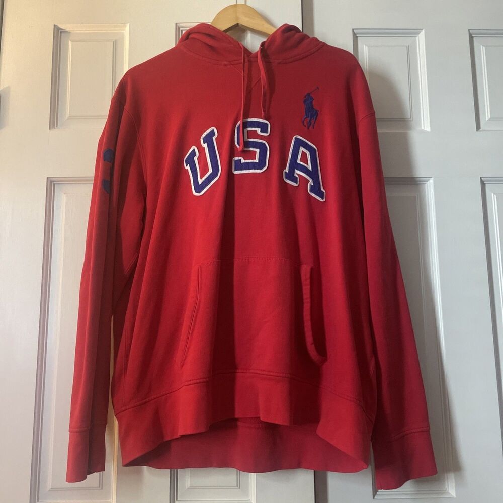 Vintage Style Polo Ralph Lauren USA #3 Red Hoodie Sweatshirt Big Pony XXL